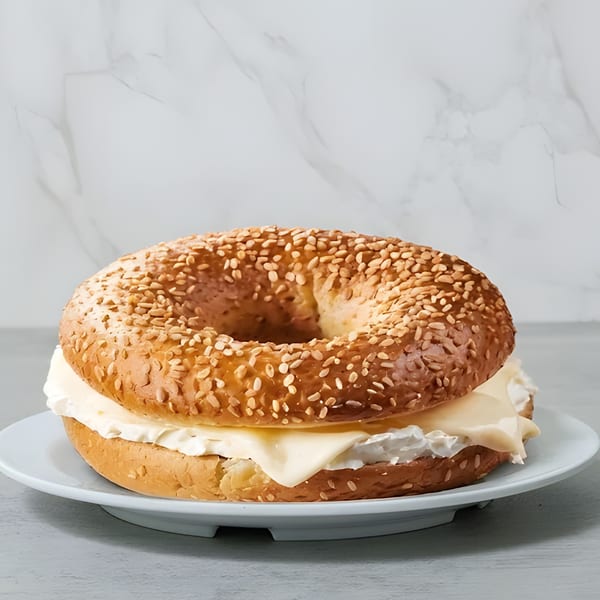 Sesame bagel with cream cheese and a slice of cheese on a white plate.
